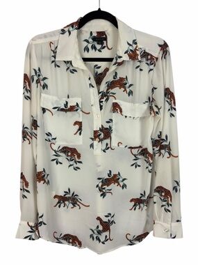 Ann Taylor Leopard Print Blouse Cream Long Sleeve Button Front Medium